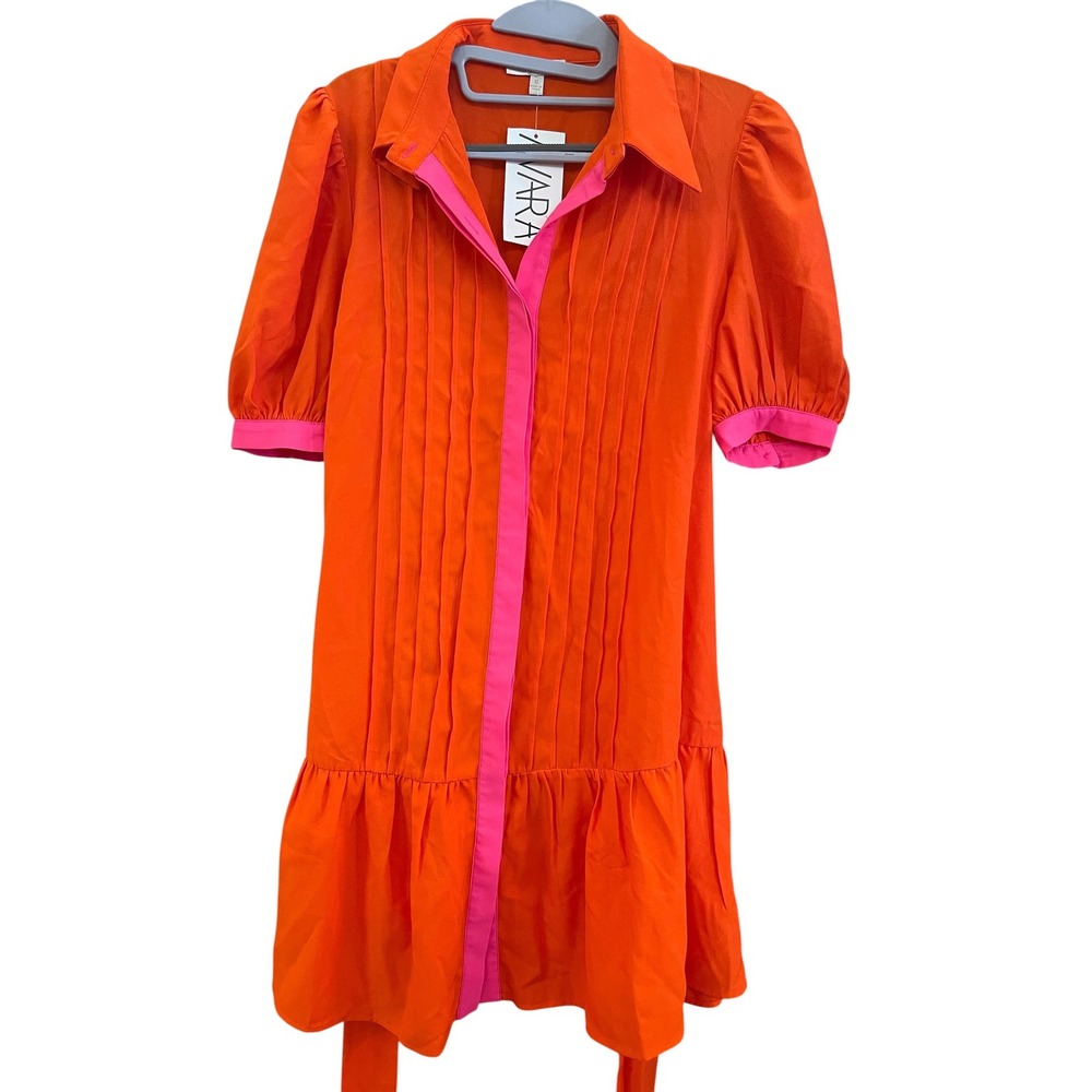 Flying Tomato Orange Pink Danica Pintuck Puff Sleeve Shirt Dress Retro Chic Sm - Picture 2 of 11